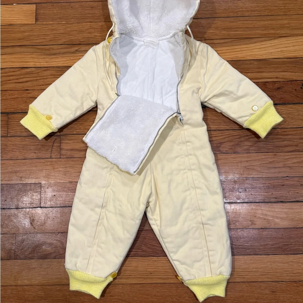 Vintage Baby Snowsuit Bunting Hooded Fleece Lined Zip Opening Puppy Embroidered